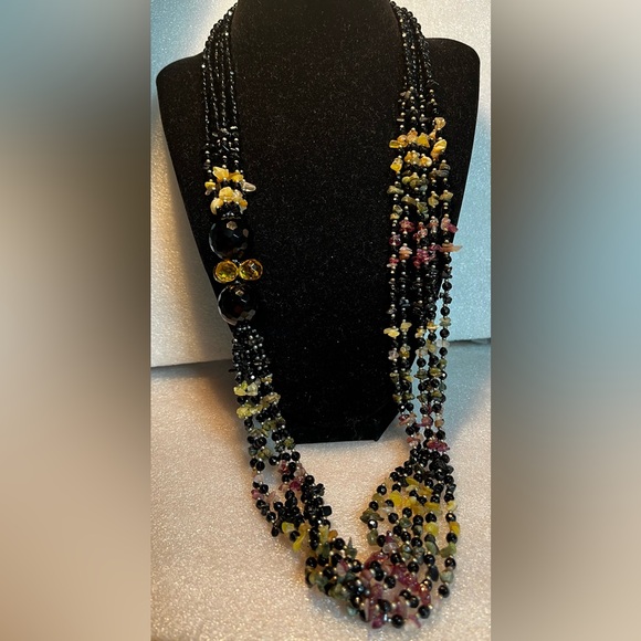 Tourmaline Citrine and Black Beads (possibly onyx obsidian) Gemstone Necklace